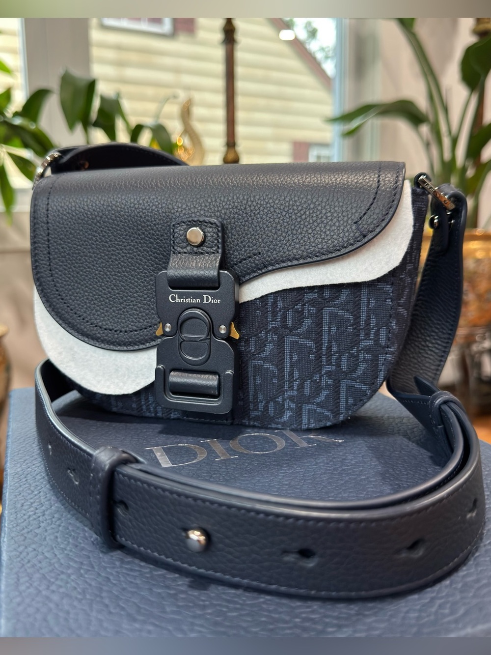 Dior Oblique Jacquard Grained Calfskin Mini Saddle Messenger Bag With Flap Blue